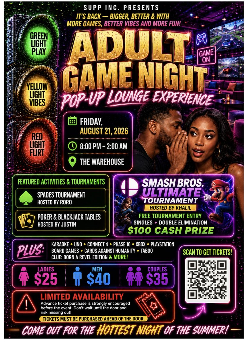 shhhent's tweet photo. 🔥🎮 IT’S BACK — BIGGER, BETTER &amp; WITH MORE GAMES, BETTER VIBES AND MORE FUN🎯

🎲 ADULT GAME NIGHT: POP-UP LOUNGE EXPERIENCE 🎲

Come experience a multicolor-lit gaming lounge packed with games, competition, music, laughs, and nonstop fun!  #VirginiaBeachEvents #757Events #757dl https://t.co/Wl5ymzT76F