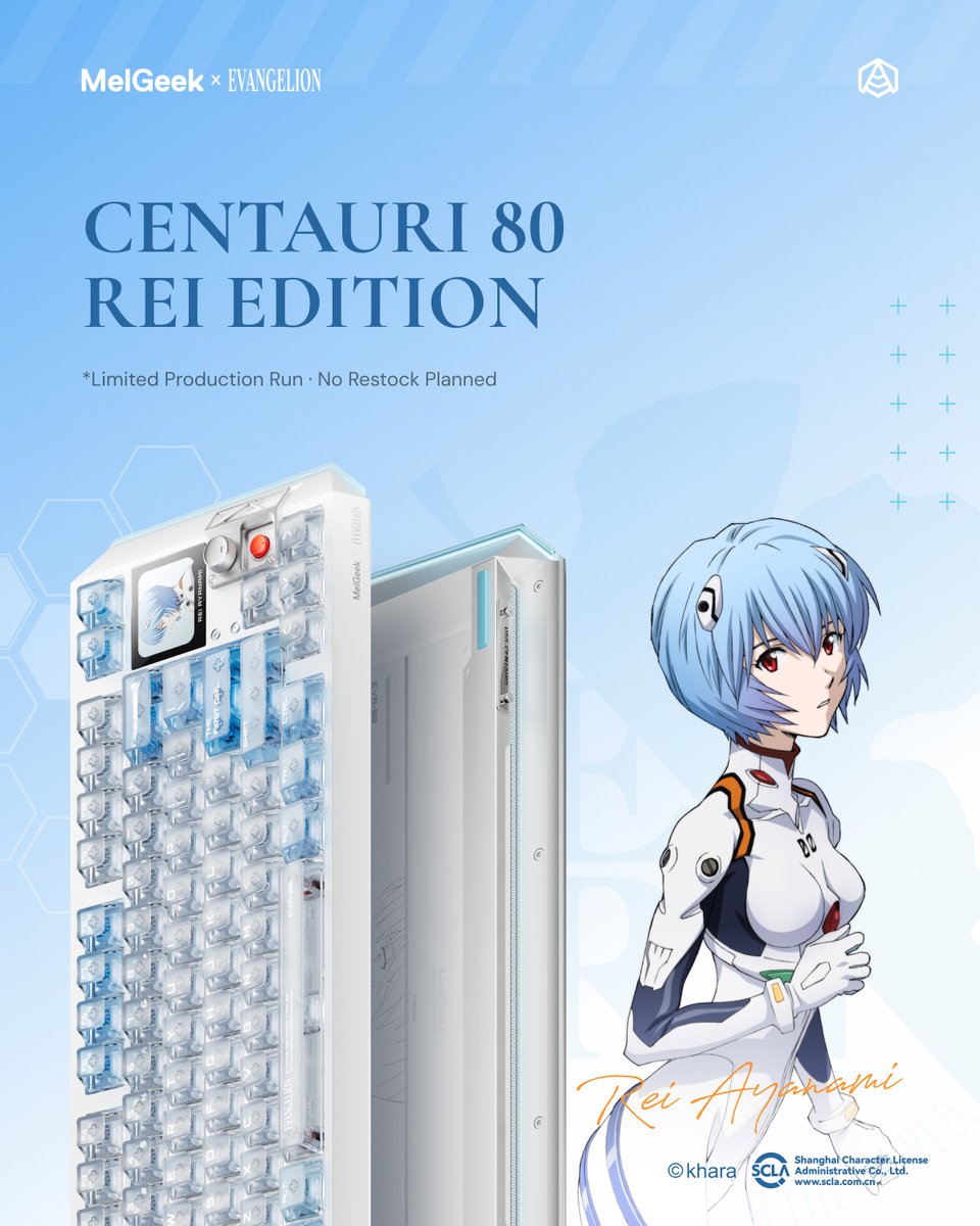 MelGeekworld's tweet photo. "You won't die. I will protect you."💙

The mission begins.
MelGeek × EVANGELION | Rei Edition is here.

Inspired by Rei Ayanami and EVA Unit-00, this collection embodies her quiet strength — focus, precision, and deep synchronization.
Become the Pilot. Synchronize with your machine.

⌨️ CENTAURI80 Rei Edition
🔹1.78" OLED Display
🔹0.01mm Rapid Trigger
🔹8000Hz Polling Rate + 0.125ms Latency
🔹Full CNC Aluminum Alloy Unibody Design
🔹EVA Unit-00 Inspired Design
🔹Complete the Rei Edition Bundle: CENTAURI80 Rei Edition Keyboard + Horus 8K Mouse + Rei Edition Mousepad

A keyboard designed for those who seek a state of complete focus — where every input feels natural, precise, and synchronized.⚡

Global Pre-order starts now. 🎈
Link:https://t.co/CONDTIvpGa

#melgeek #evangelion #melgeekxevangelion #rei #halleffectkeyboard