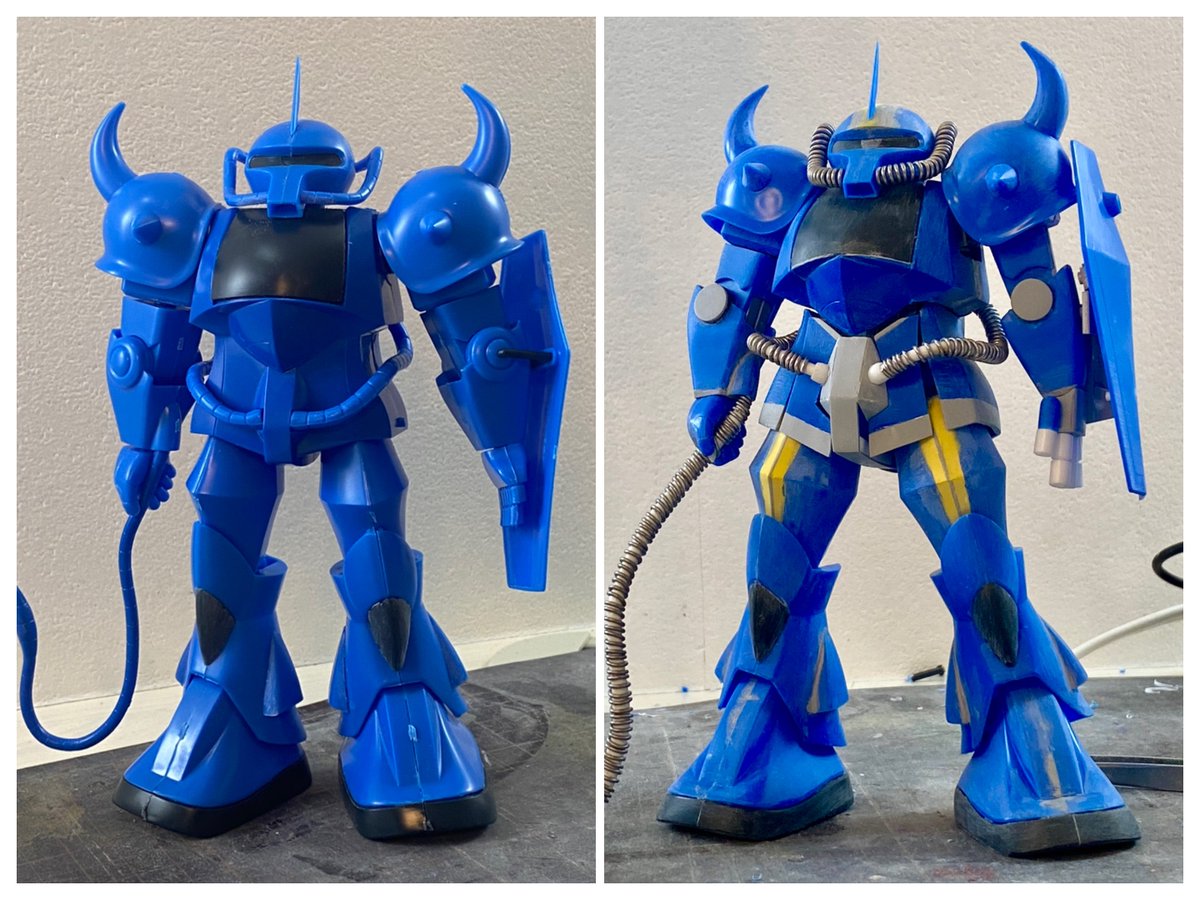 paper0121's tweet photo. どうもペーパーナイフです
過去作の1/100グフを手直ししていきます
１年前に製作したキットですが、よくよく見ると気になるところが多く
手直ししてもう一度動画にしようと思います
主に頭部、太もも、シールドの形状を整えていこうと思います
後、カラーリングももっと紺色に近いカラーに変えます https://t.co/mKT4d3MRmt