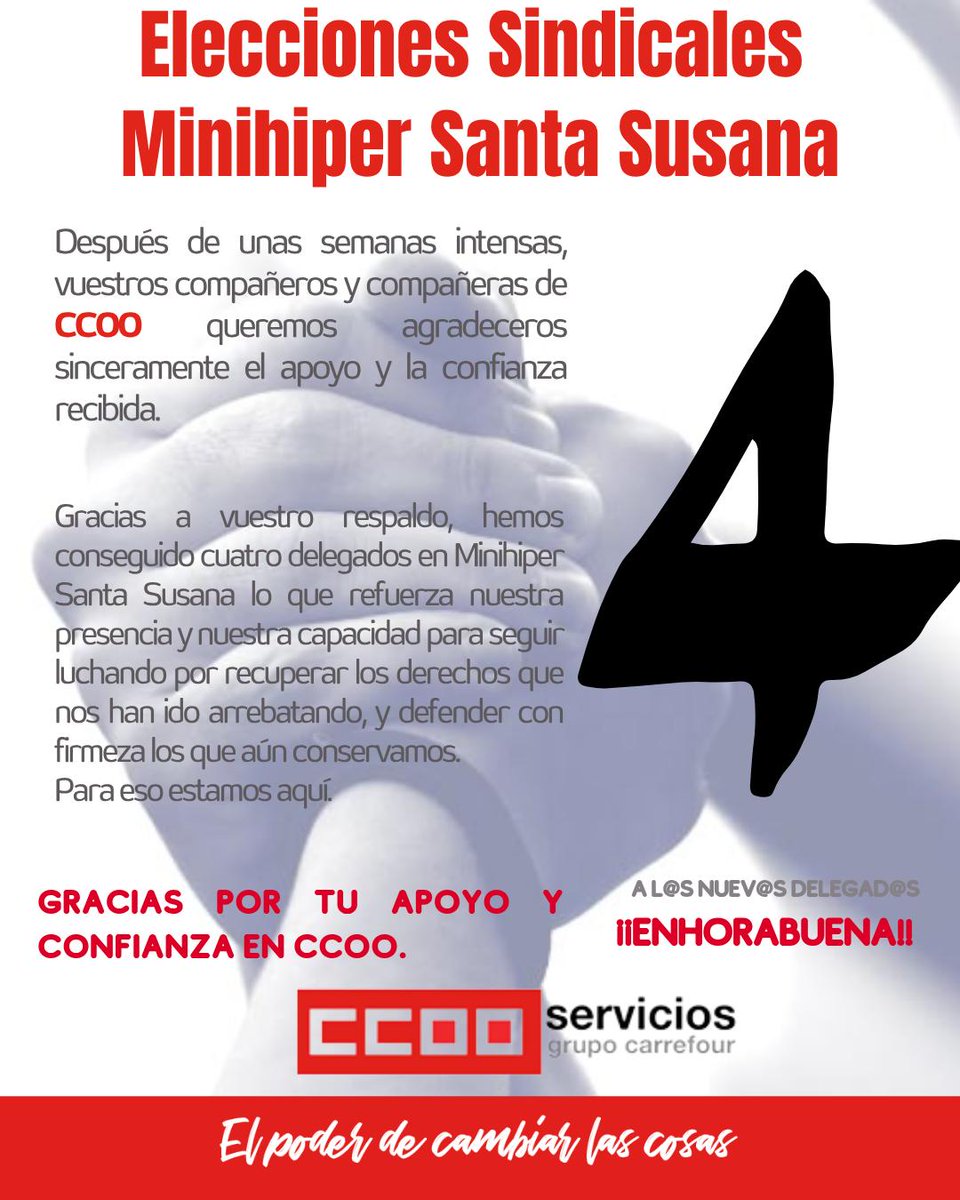 CCOOCarrefour's tweet photo. 4 delegados/as en Minihiper Santa Susana. 4 motivos más para seguir firmes. ✊

Gracias a vuestro respaldo, reforzamos nuestra presencia para recuperar derechos arrebatados y defender lo que es nuestro.

¡Enhorabuena a l@s nuev@s delegad@s de @CCOOCarrefour https://t.co/soOQNLFf0C