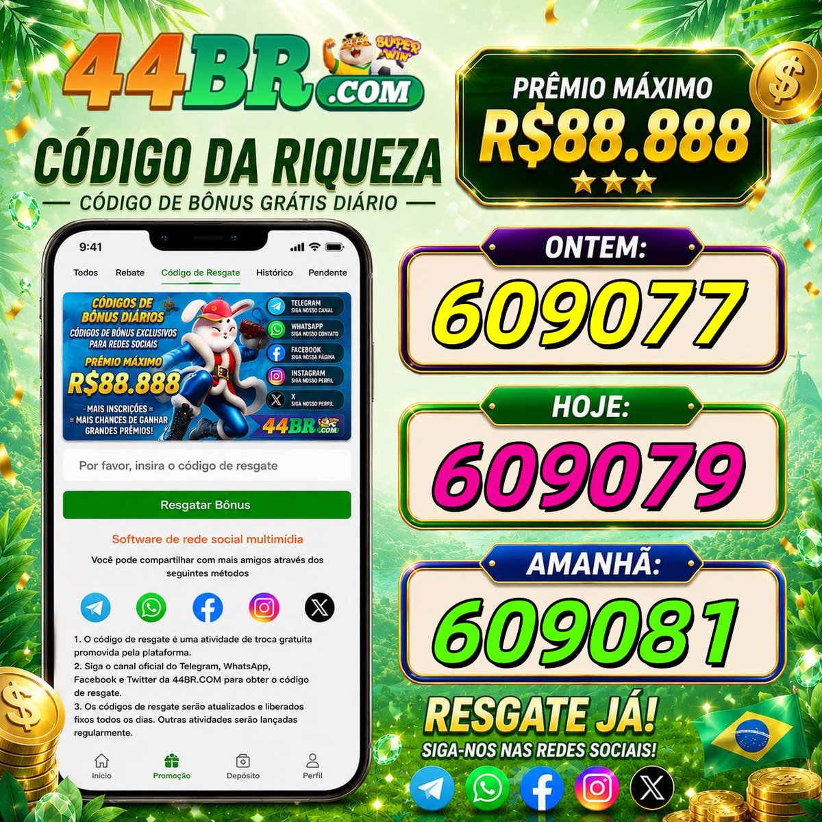 44brcom's tweet photo. 👑 Caros VIPs:
Os códigos de resgate dos últimos três dias já estão disponíveis antecipadamente! 🎉
⭐️ Ontem:     609077
⭐️ Hoje:         609079
⭐️ Amanhã:  609081
🎁 Resgate agora e ganhe até R$ 88.888!
Siga-nos no Telegram: https://t.co/sXvVYU9IcY https://t.co/GMFPeCKNoJ