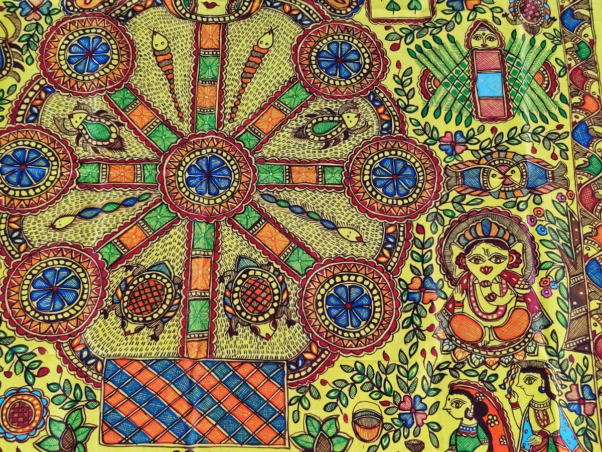 mithilakritihub's tweet photo. 🔯🔯 सुप्रभात 🔯🔯
🌻🏵️Kobar with symbol of love, fertility and divinity- decorate kobar room with this colorful and beautiful wall painting. Decorate your home interior, office, hotels etc. You can also gift this painting on Special occasions.
#kobar #traditionalarts #mithilaart https://t.co/PIAE2JHXHc