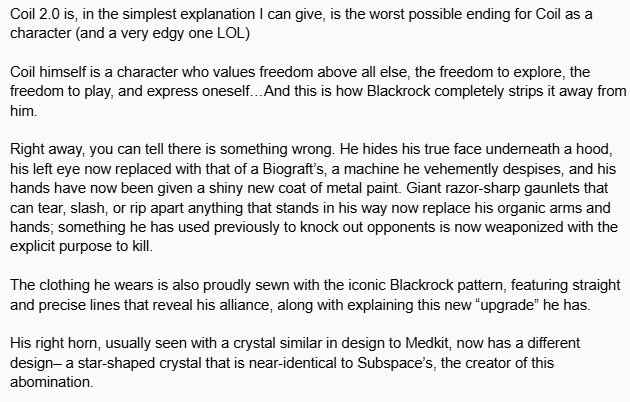 2ThousandSunny's tweet photo. Subspace and Coil are essentially foils of each other. While both are incredibly intelligent, Subspace spawned into Blackrock without any choice or say in what he did or didn’t want to do, whereas Coil has been described as being someone who values freedom above all else.
+ https://t.co/MKveMKeviW