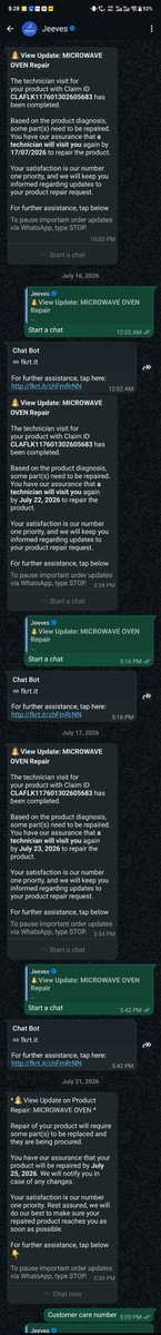 HelperCrypto's tweet photo. @Flipkart @IFBAppliances

My IFB Microwave Oven with Jeeves Extended Warranty is pending for 25+ days.

Technician visited on 5 July 2026 and confirmed PCB replacement is required. Since then, only new repair dates have been given, but no repair.

Claim ID: CLAFLK117601302605683 https://t.co/ELBF4MfiOg