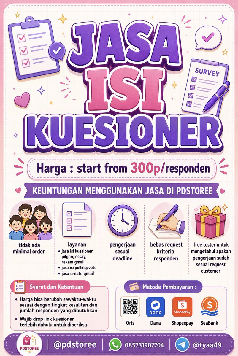 pdstoree's tweet photo. Halo kakak kakak pejuang skripsi, pdstore open niih✨

Capek karna responden ga penuh2 tapi waktunya jalan terus? Aku dan timku bisa banget atasin kegundahan hati kamu. Start from 300p ajaa. More info klik link di bio yaa 🥰🥰
#zonauang #skripsi #jokikuesioner #kuesionerskripsi https://t.co/niVTnBdIrE