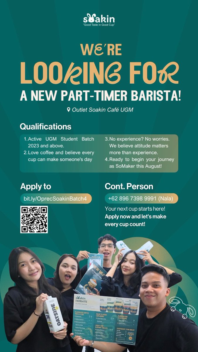 UGM_FESS's tweet photo. hai guysss!! aku barista Soakin dann mau nginfoin kalo Soakin lagi open recruitment for barista nihh! no experience gapapa kok, bakal diajarin dan belajar bareng-bareng jugaa😉🤩 btw bgtt batch kemarin tuh cuma open 4 hari doang karena sistem oprecnya tuh lgsg close kalo udh nemu yang cocokk