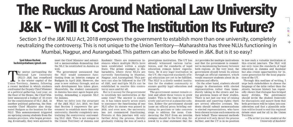AdnanHashmi_1's tweet photo. The Ruckus around National Law University of Jammu and Kashmir will cost the Institution. Government should take earliest steps to settle this issue once for all at the earliest 
@OmarAbdullah @nasirsogami https://t.co/eVayCFikDr