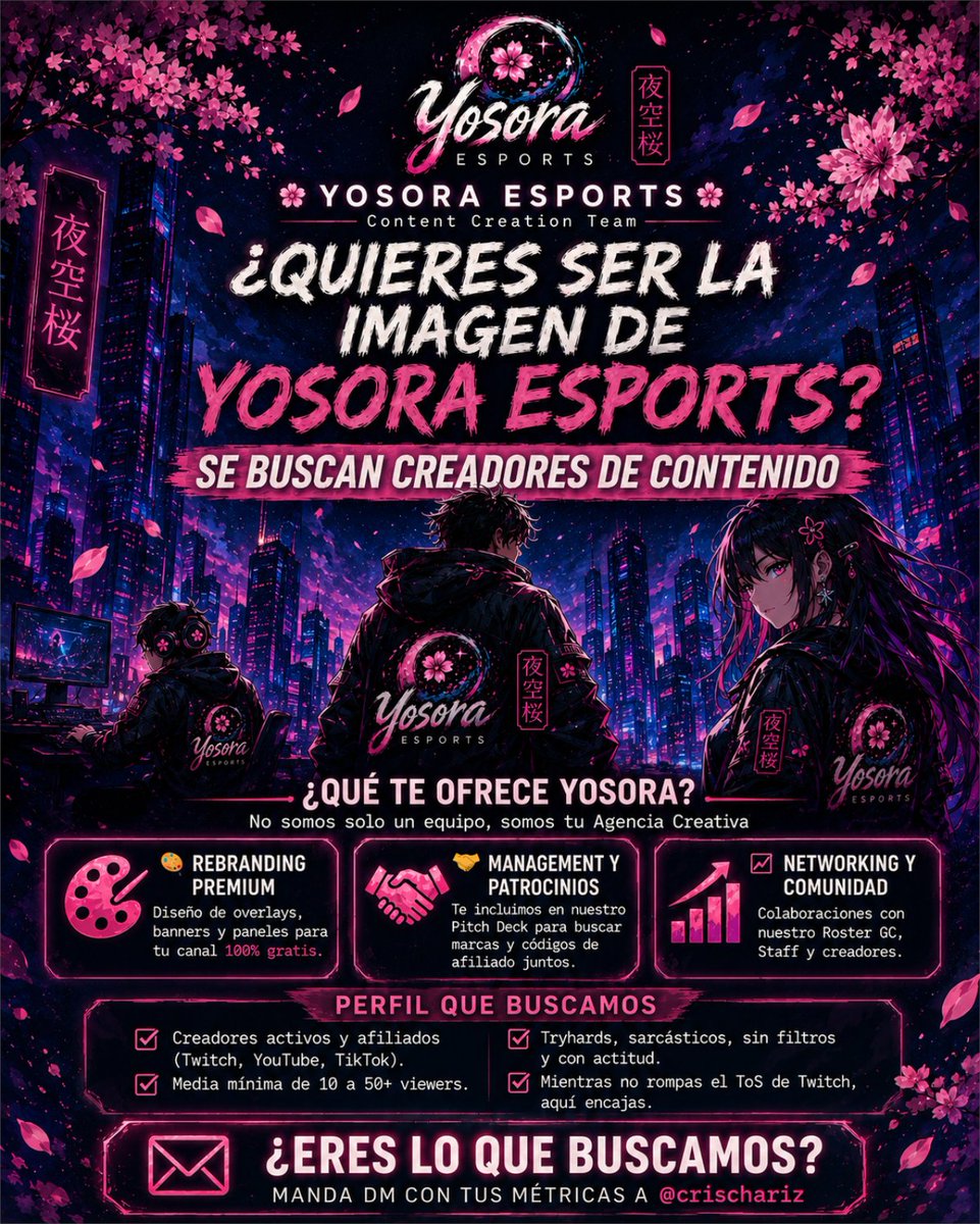 YOSORA_Esports's tweet photo. Creadores sin filtros (Afiliados / 10+ viewers). Te damos diseño premium de agencia gratis 🎨 y respaldo para crecer 🤝.
📩 DM abierto para aplicar con métricas. 🔁 RT! #YosoraEsports #StreamersLATAM https://t.co/oRdforya8q