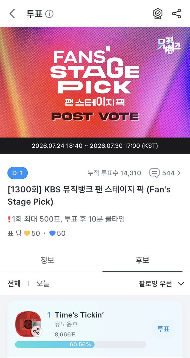 UKNOWROUS_Nb's tweet photo. ミューバンFan's Stage Pick
現在1位です🔥

投票は7月30日（木）17:00まで🗳️

#coogoong
UKNOWROUSNb 님 “[1300회] KBS 뮤직뱅크 팬 스테이지 픽 (Fan's Stage Pick)“ 에 투표완료✅

#Time’s Tickin’ 현재 1위🏃

2위 Vitamin ME 6220표 차!

지금 #coogoong 앱에서
#Time’s Tickin’ 에게 응원의 한 표를 보내 주세요💪
https://t.co/Be9W6PxIcy