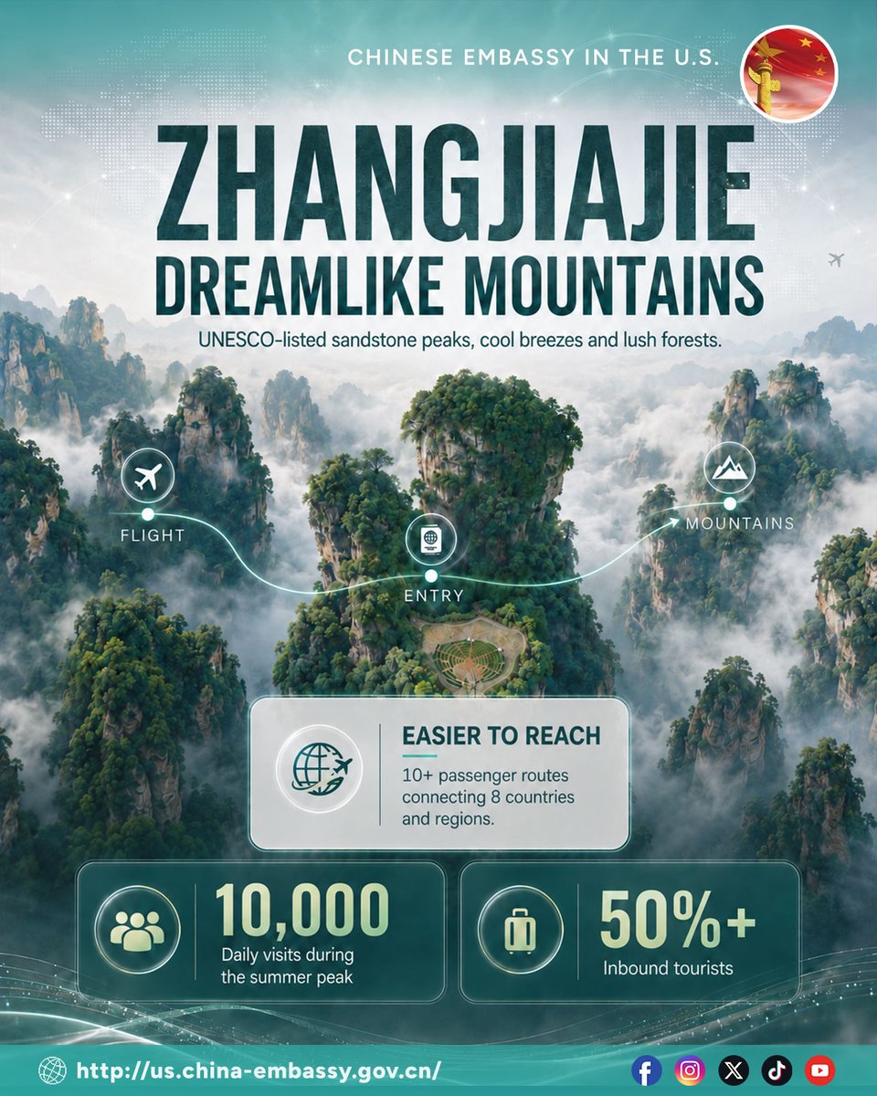 ChineseEmbinUS's tweet photo. 🌿 As global travelers seek cooler summer escapes, China is gaining appeal with scenic retreats, expanding visa-free access and increasingly visitor-friendly services. #ChinaTravel. ✈️
#CoolSummer #VisitChina #VisaFreeTravel #ExploreChina https://t.co/QsuflhkJKN