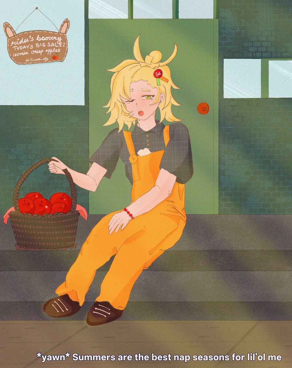 Iunar_sky's tweet photo. lazy morning for our trucker ☀️🍎

art trade piece for @Gemmnya_ !!

a huge thank you to @Yidhari_Timely for organising such a fun event for the community 🫶

#zzzSummerArtTrade https://t.co/07cSpW1InX