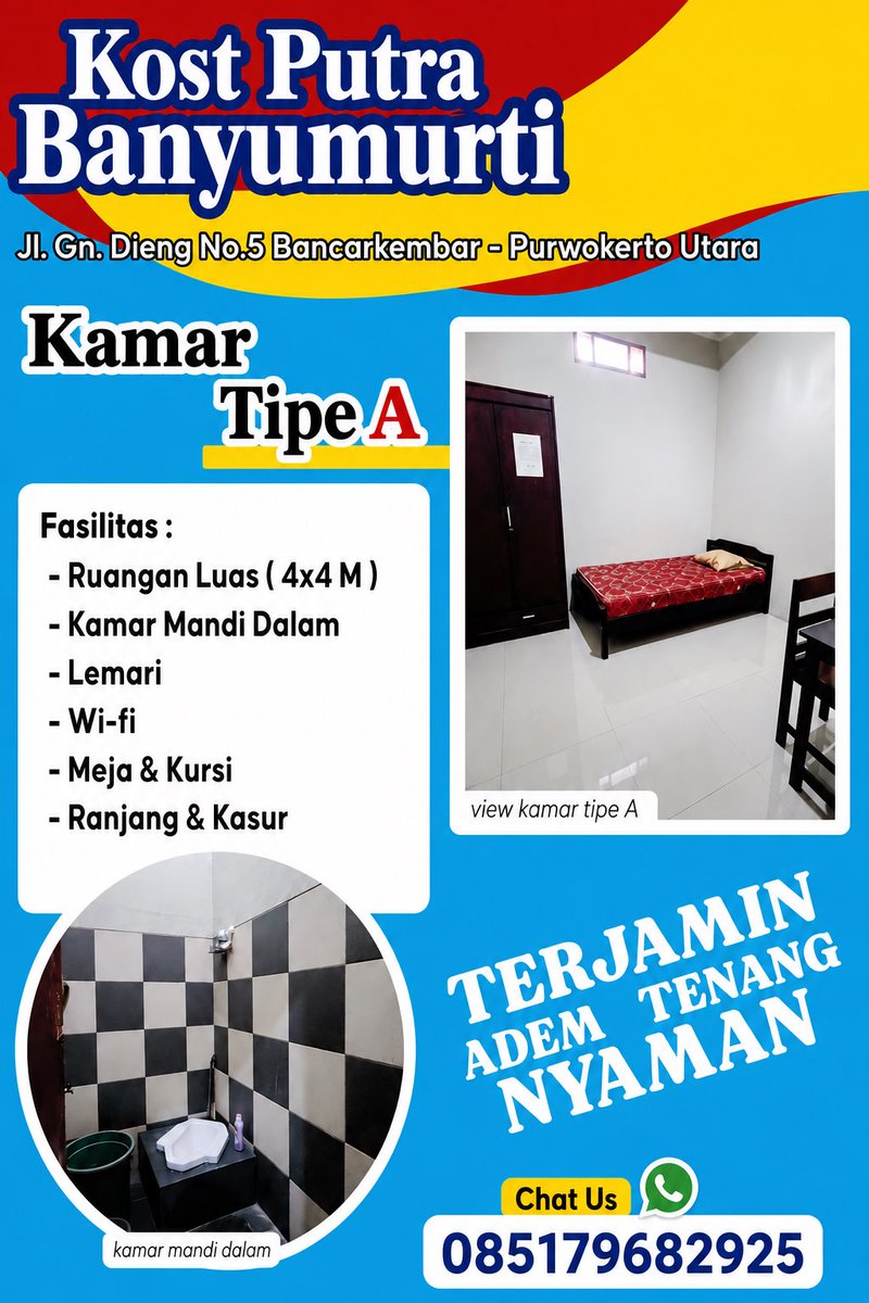 booby_889's tweet photo. Kost Putra Banyumurti  
Tersedia kamar :

•Kamar AC ( Kamar mandi dalam )

•Kamar Tipe A ( Kamar Mandi dalam )

📞HUB : 085179682925

Alamat : Jl. Gn Dieng No 5,Glempang, Bancarkembar, Kec. Purwokerti Utara, Kab. Banyumas
#infokospurwokerto
#purwokerto https://t.co/wve1RI2B0d