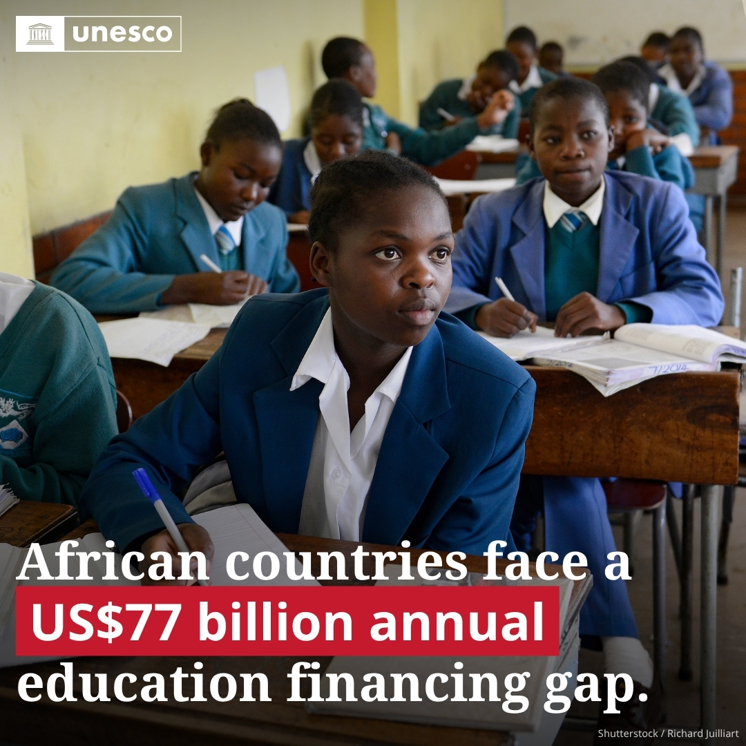 UNESCO's tweet photo. By 2050, one in four people on Earth will be African. 

Low- and middle-income countries face a US$97 billion annual education financing gap, US$77 billion of which is in Africa. 

UNESCO’s Debt and Education package shows why aligning debt solutions with investment in education is essential to turn demographic growth into opportunity.

Learn more: https://t.co/krQ3dJajQT

#TransformingEducation #FundEducation