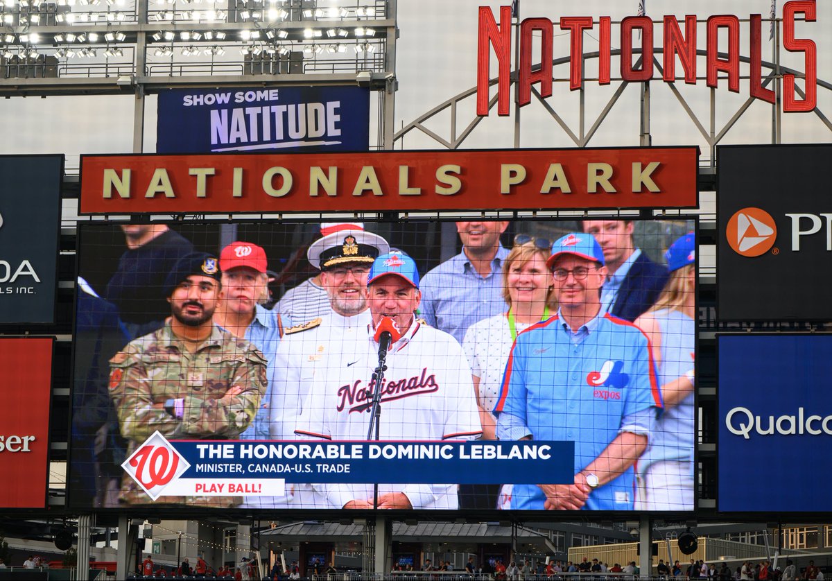 CanEmbUSA's tweet photo. What a night at @NationalsPark celebrating #America250 through baseball! ⚾ The night featured Ambassador Wiseman's ceremonial first pitch, recognition of Canadian Armed Forces members during the Salute to Service, and a @BlueJays vs. @Nationals matchup. https://t.co/8N36LItfUc