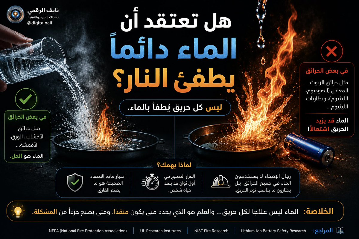 digitalnaif's tweet photo. ️ ❄️ هل تعتقد أن الماء دائمًا يطفئ النار؟

أحيانًا…

الماء قد يجعل الحريق يشتعل أكثر!

كيف يحدث ذلك؟

ليس كل حريق متشابهًا.

فبعض حرائق الزيوت، والمعادن مثل الصوديوم أو الليثيوم، وبعض بطاريات الليثيوم، قد تتفاعل مع الماء بطريقة تزيد الاشتعال أو تطلق غازات قابلة للاشتعال.

لهذا لا يستخدم رجال الإطفاء الماء في جميع الحرائق، بل يختارون مادة الإطفاء حسب نوع الوقود المشتعل.

لماذا يهمك؟

لأن معرفة نوع الحريق قد تنقذ حياة شخص.

فالقرار الصحيح في أول ثوانٍ قد يكون أهم من سرعة التصرف.

📌 الخلاصة

الماء ليس علاجًا لكل حريق… والعلم هو الذي يحدد متى يكون منقذًا، ومتى يصبح جزءًا من المشكلة.

📚المراجع:

NFPA (National Fire Protection Association)
UL Research Institutes
NIST Fire Research
Lithium-ion Battery Safety Research