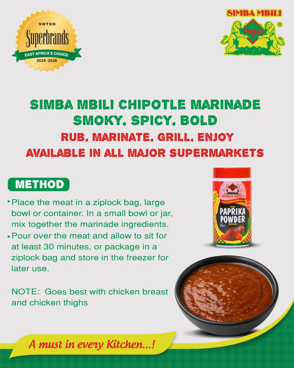 simbambilispice's tweet photo. Smoky, spicy, unforgettable.
Simba Mbili Chipotle Marinade is your secret weapon for bold, restaurant-style flavour at home. Rub it, soak it, grill it — and let the magic happen!
#SimbaMbili #FoodVibes #GrillTime #SpiceItUp #KitchenTalk https://t.co/Oz9J2hdbNc