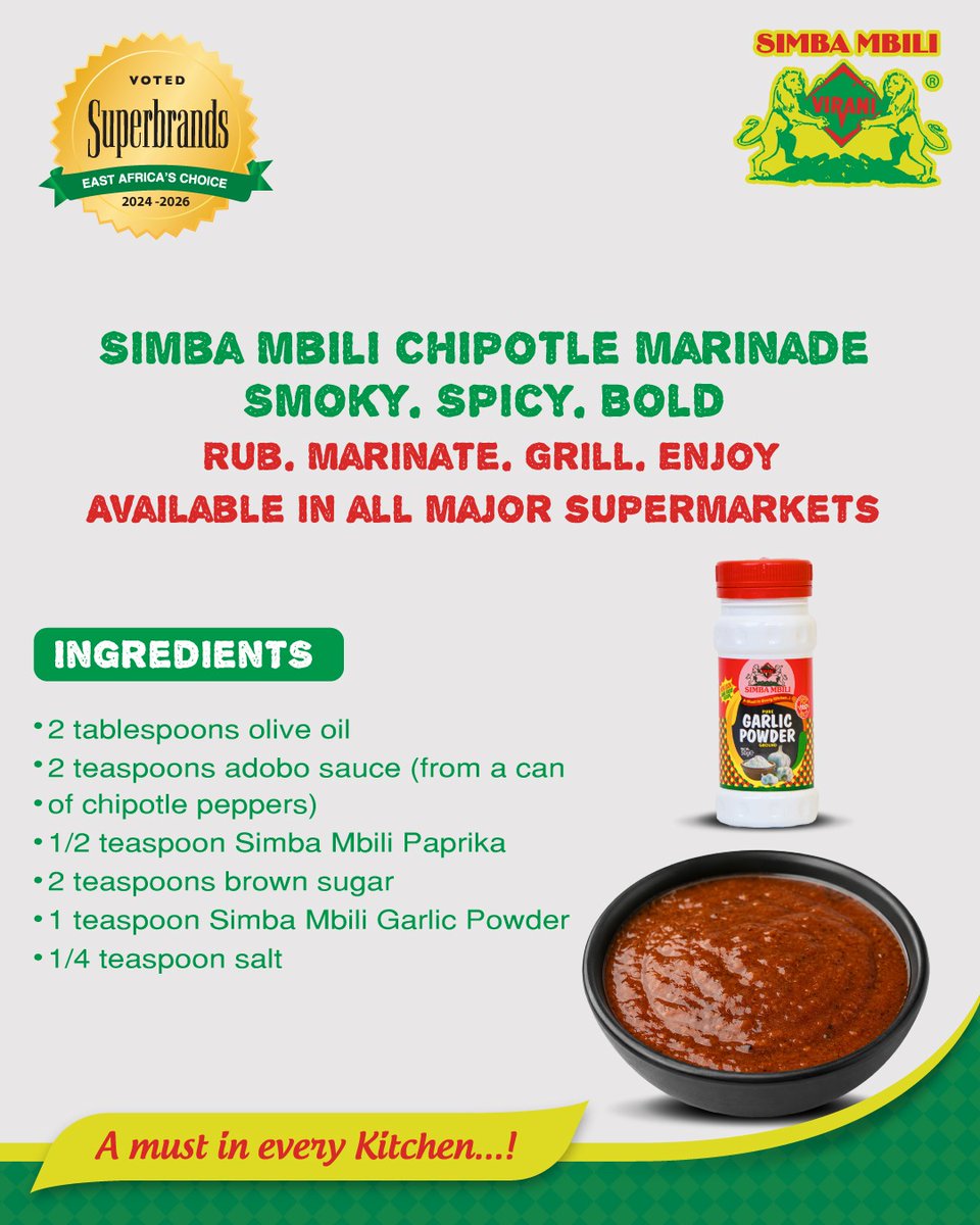 simbambilispice's tweet photo. Smoky, spicy, unforgettable.
Simba Mbili Chipotle Marinade is your secret weapon for bold, restaurant-style flavour at home. Rub it, soak it, grill it — and let the magic happen!
#SimbaMbili #FoodVibes #GrillTime #SpiceItUp #KitchenTalk https://t.co/Oz9J2hdbNc