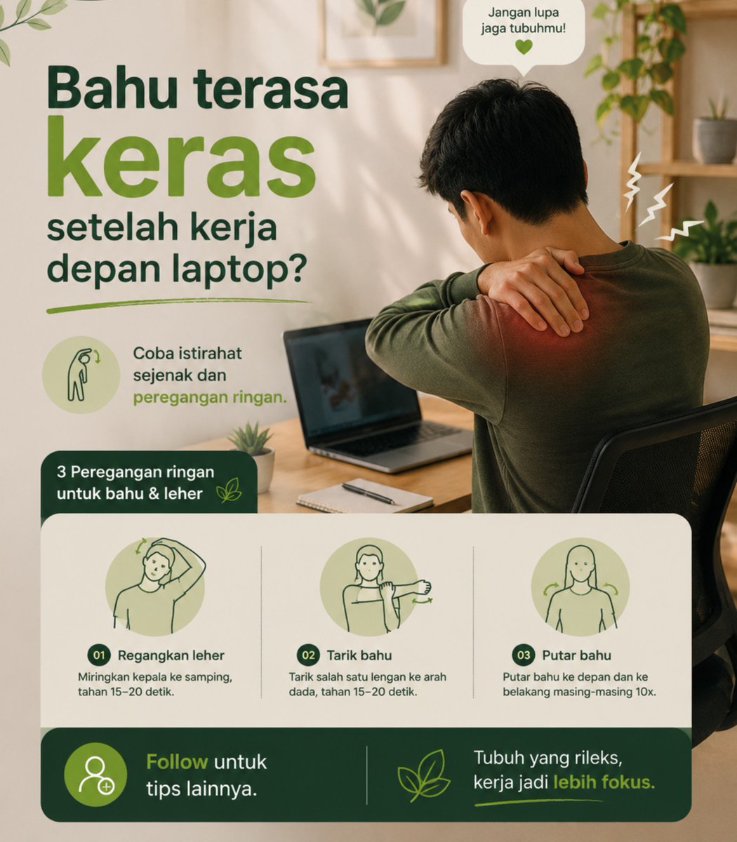 Satyakavjt's tweet photo. Bahu terasa keras setelah kerja depan laptop? Coba istirahat sejenak dan peregangan ringan.

Follow untuk tips lainnya.

#OfficeLife #Bekasi #pijatpriajakarta https://t.co/VyGyztzoIG