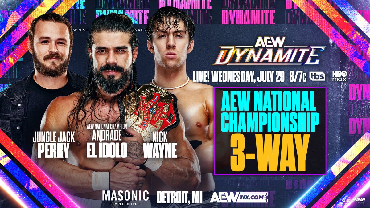 TonyKhan's tweet photo. Wednesday Night #AEWDynamite
8/7c, TOMORROW!
AEW National Title
@AndradeElIdolo vs @boy_myth_legend vs @thenickwayne 
After his #AEWRedemption win, new champion Andrade el Idolo will defend vs former National Champion Jungle Jack Perry &amp; red hot Prodigy Nick Wayne TOMORROW! https://t.co/QZz41bAzQH