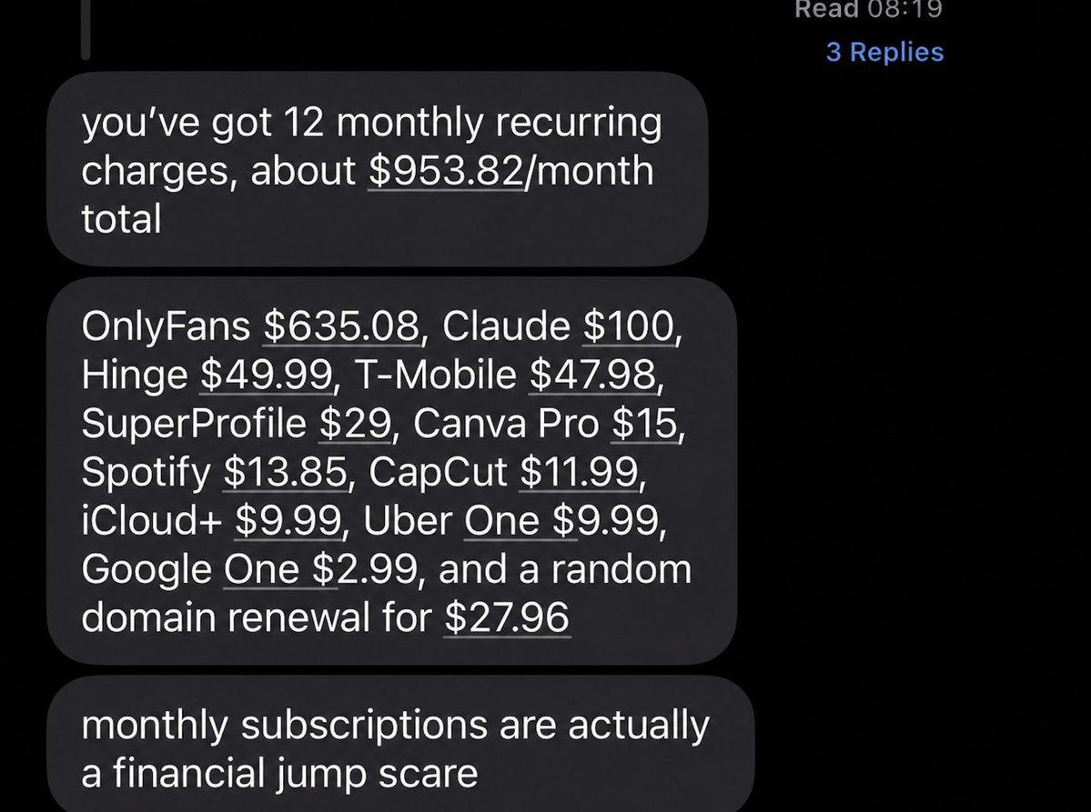 milloruns's tweet photo. An AI agent just made me realize I'm spending 15 fucking dollars on CANVA

Here's what happened. i have this agent called folk that lives in my imessage. i texted it "find every recurring charge on me" and went to make coffee. came back to a full confession. 12 charges, including a domain i renewed for a project that doesn't exist anymore.

and the one that got me? i haven't opened canva since march.

subscriptions are a financial jump scare. you never see $953. you see twelve tiny "yeah that's fine" that quietly never stop.

so i deleted my budgeting apps. yeah. i was paying subscriptions to track my subscriptions. the snake was eating its own tail.

now folk (by @nozomioai) just texts me when something recurring shows up. no app to open, no dashboard to ignore. i ask in plain english, it goes and does it.

anyway i cancelled the canva. felt powerful. touched nothing else.

I break this stuff so your wallet finds out the easy way, follow @milloruns for more <3