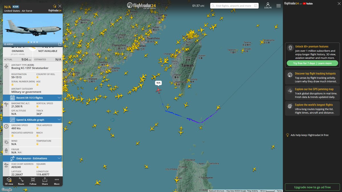 AIYeyENGDdJkjTr's tweet photo. July 29, 2026
#Okinawa Kadena Air Base ==> #South China Sea
#TULSA11 #AE01D4 RC-135U Combat Sent
Refueling
#NoCALLSIGN #AE0240 USAF KC-135T Stratotanker https://t.co/JUPBRgB3j6