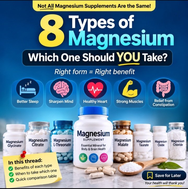 AjayDogra1002's tweet photo. Not all Magnesium supplements are the same.

Choosing the wrong form may mean you're solving the wrong problem.
A quick guide 🧵👇

1. Magnesium Glycinate ✅ Best for: Anxiety, stress, poor sleep, muscle tension. ✔ Highly absorbed. ✔ Gentle on the stomach.

2. Magnesium Citrate ✅ Best for: Constipation. ✔ Draws water into the bowel. ⚠ Can cause loose stools in some people.
#nutraceutical
#supplements
#health 
#HealthAwareness 
#magnesium 
#Flood