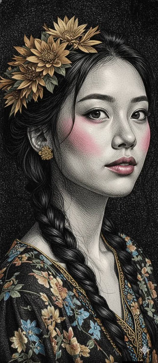 aatif_j's tweet photo. Created with Google Gemini Nano banana 🍌

prompt
Hyper-detailed engraved illustration style, cross-hatching and fine line pen drawing technique, classical engraving mixed with modern illustration, ultra-dense linework forming realistic human face and upper body, tactile woven texture across skin and fabric, baroque and rococo influence, ornate clothing details, gold embroidery and chain accents, dramatic chiaroscuro lighting, muted yet bold color accents (pink, gold, blue, cream, black), painterly ink texture, vintage print aesthetic blended with contemporary surreal portrait art, high contrast, museum-grade detail, editorial illustration quality, dark textured background, intellectual and artistic mood.