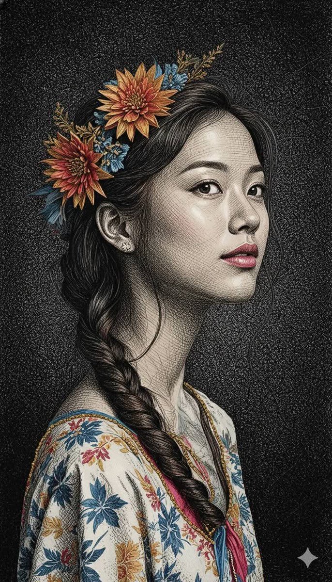 aatif_j's tweet photo. Created with Google Gemini Nano banana 🍌

prompt
Hyper-detailed engraved illustration style, cross-hatching and fine line pen drawing technique, classical engraving mixed with modern illustration, ultra-dense linework forming realistic human face and upper body, tactile woven texture across skin and fabric, baroque and rococo influence, ornate clothing details, gold embroidery and chain accents, dramatic chiaroscuro lighting, muted yet bold color accents (pink, gold, blue, cream, black), painterly ink texture, vintage print aesthetic blended with contemporary surreal portrait art, high contrast, museum-grade detail, editorial illustration quality, dark textured background, intellectual and artistic mood.