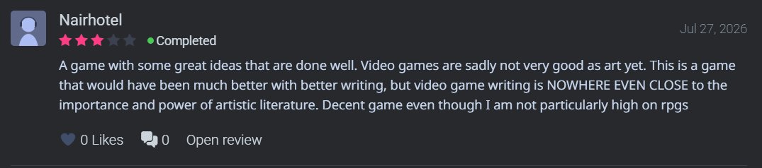 kitsuneredFES's tweet photo. I think I found a gem of a backloggd review https://t.co/2I5eJXIPCS