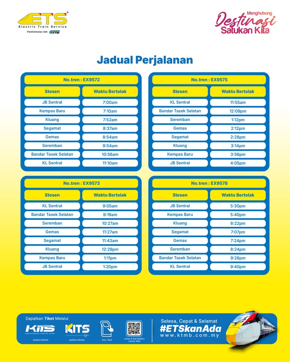 ktm_berhad's tweet photo. Jualan tiket ETS Tambahan laluan KL Sentral ⇄ JB Sentral untuk perjalanan 7 - 9 Ogos 2026 kini dibuka.
⠀
Dapatkan tiket anda sekarang.
#KTMB #ETS #ETSkanAda #railwaytoseemalaysia #ETSTambahan https://t.co/VrLuUbjXgy