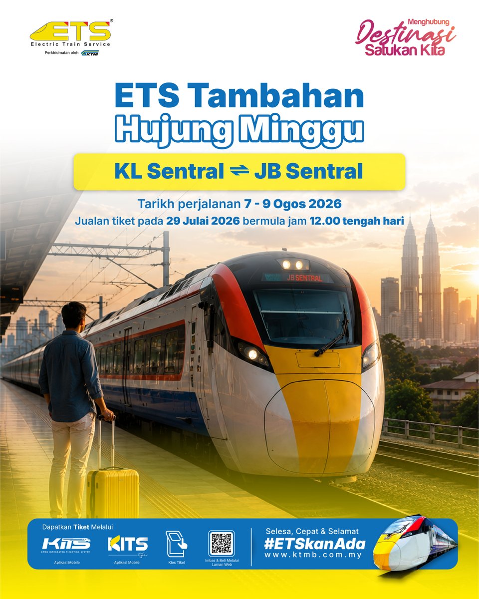 ktm_berhad's tweet photo. Jualan tiket ETS Tambahan laluan KL Sentral ⇄ JB Sentral untuk perjalanan 7 - 9 Ogos 2026 kini dibuka.
⠀
Dapatkan tiket anda sekarang.
#KTMB #ETS #ETSkanAda #railwaytoseemalaysia #ETSTambahan https://t.co/VrLuUbjXgy