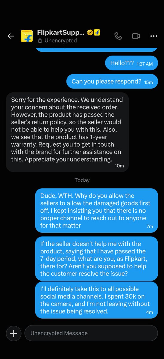 Sree71550598's tweet photo. @flipkartsupport No, we haven't come to any resolution! Here is the chat we had. I don't call this coming to a resolution. I want you to take my issue seriously and resolve the problem. Without even responding to my concern, how can you post publicly that the problem is resolved? https://t.co/OCbSYnF7Uo