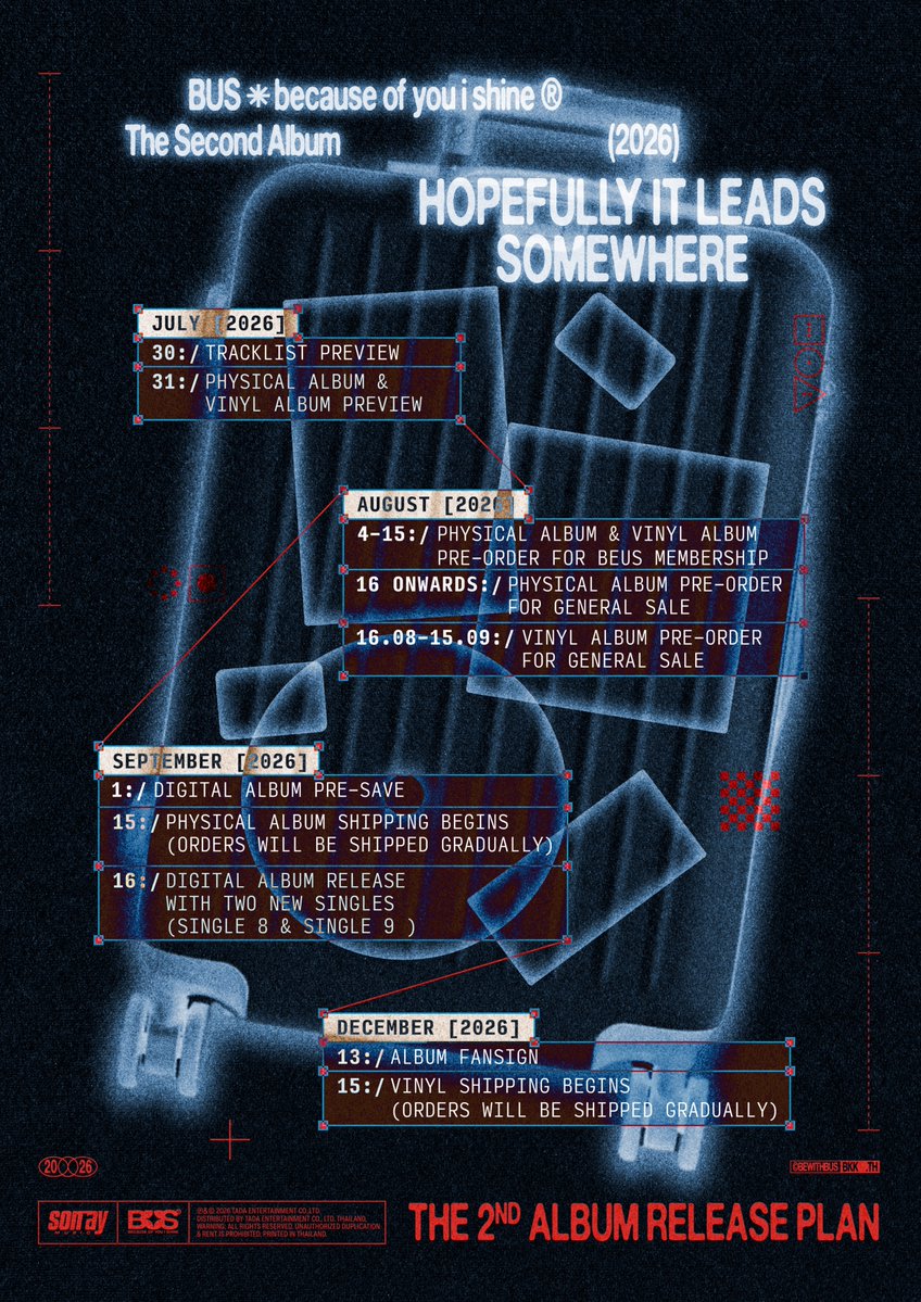 BUS_SONRAY's tweet photo. HOPEFULLY IT LEADS SOMEWHERE 🧳
ALBUM RELEASE PLAN

 30 JULY
TRACKLIST ALBUM PREVIEW

 31 JULY
PHYSICAL ALBUM & VINYL ALBUM PREVIEW

 4 - 15 AUG
PHYSICAL ALBUM & VINYL ALBUM PRE-ORDER FOR BEUS MEMBERSHIP

 16 AUG ONWARDS
PHYSICAL ALBUM PRE-ORDER FOR GENERAL SALE

 16 AUG – 15 SEP
VINYL ALBUM PRE-ORDER FOR GENERAL SALE

 1  SEP
DIGITAL ALBUM PRE-SAVE 

 15 SEP
PHYSICAL ALBUM SHIPPING BEGINS (ORDERS WILL BE SHIPPED GRADUALLY)

 16 SEP
DIGITAL ALBUM RELEASE WITH TWO NEW SINGLES (SINGLE 8 & SINGLE 9)

 13 DEC
ALBUM FANSIGN

 15 DEC
VINYL SHIPPING BEGINS (ORDERS WILL BE SHIPPED GRADUALLY)

#HOPEFULLYITLEADSSOMEWHERE
#BUS_TheSecondAlbum
#BUSbecauseofyouishine