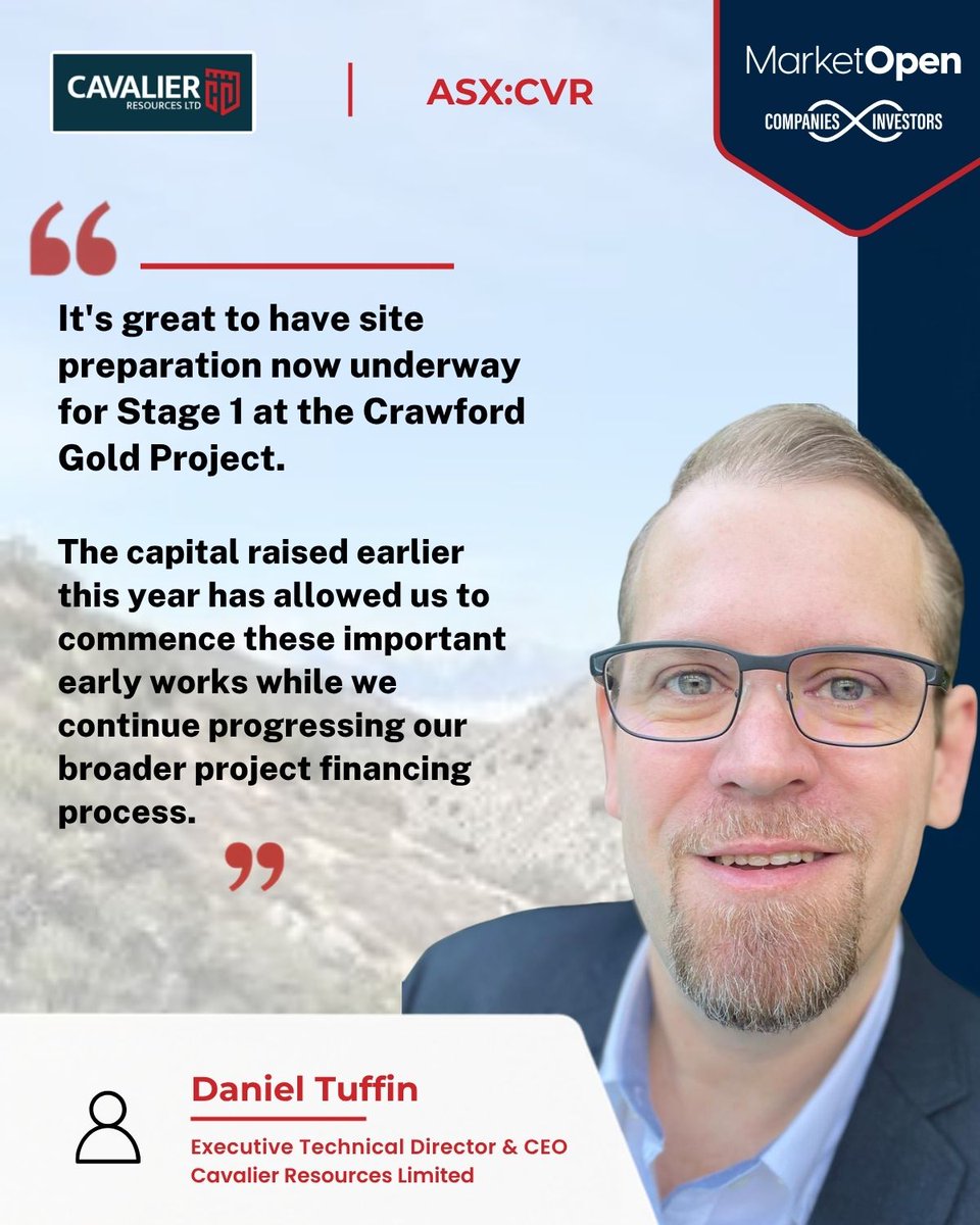 MarketOpenAUS's tweet photo. $CVR Cavalier Resources Executive Technical Director and CEO Daniel Tuffin discusses the commencement of site preparation works at the Crawford Gold Project.

@CavalierLtd  @DTuffin_Aus 

#ASX #Gold #Mining https://t.co/rLPddgWnnu
