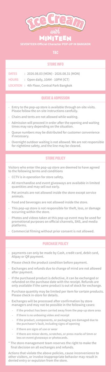 KPOPMERCH_POPUP's tweet photo. <Ice Cream with MINITEEN>
SEVENTEEN Official Character POP-UP IN BANGKOK

📢 TERMS and CONDITIONS

📆 2026.08.03 (MON) - 2026.08.31 (MON)
⏰10:00 - 22:00 (ICT)
📍4th Floor, Central Park Bangkok

#SEVENTEEN #세븐틴 
#MINITEEN #미니틴 https://t.co/QfhMp6LT2v