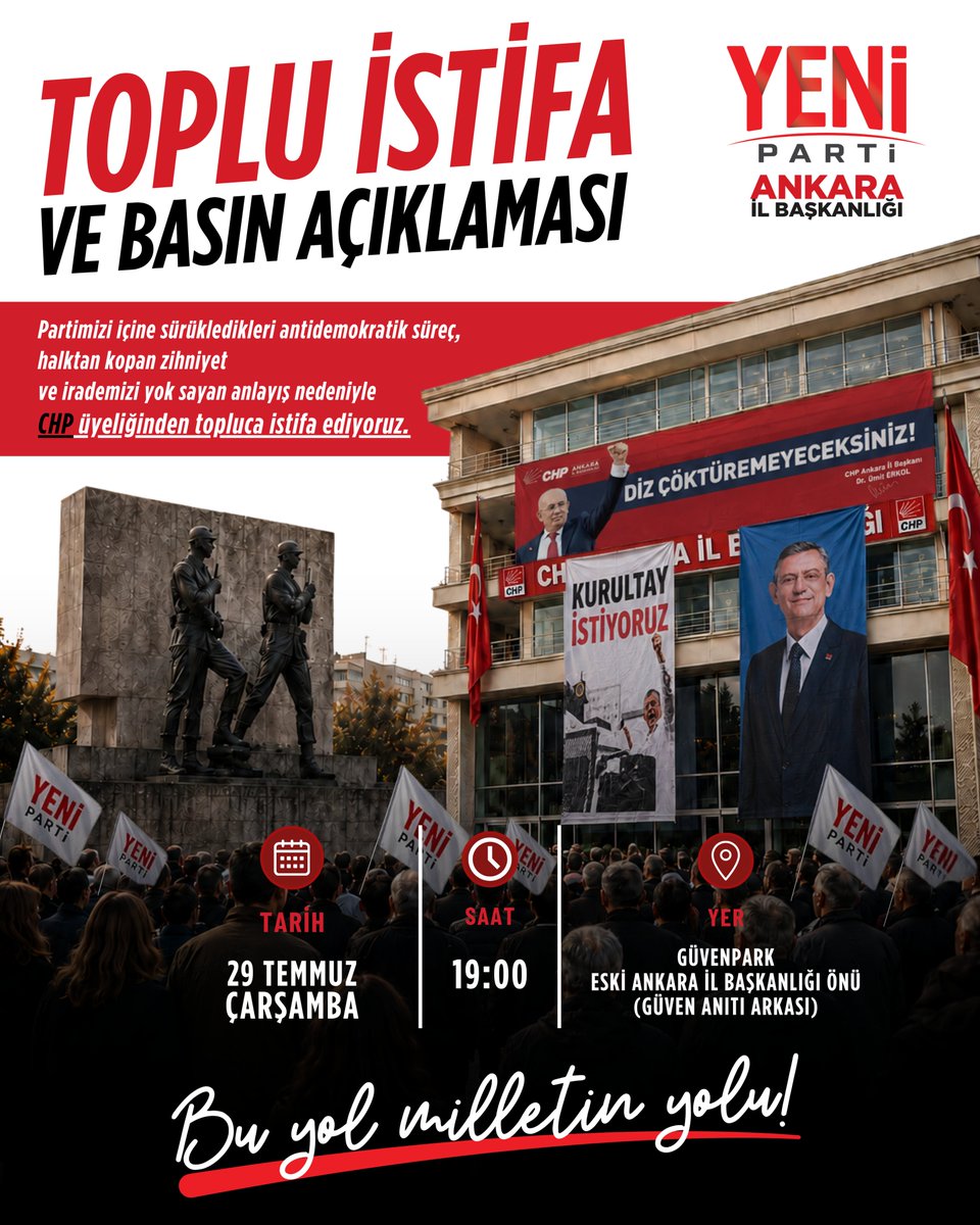 yepankara's tweet photo. Susmadık, boyun eğmedik, vazgeçmedik.

İrademizi yok sayanlara, demokrasiyi parti içi hesaplara kurban edenlere, üyelerin sesini susturmaya çalışan anlayışa karşı, bugün duruşumuzu açıkça ortaya koyuyoruz.

Toplu istifamız bir son değil; milletin iradesini esas alan YENİ bir başlangıcın ilanıdır.

Bu mücadele koltuk mücadelesi değil, demokrasi mücadelesidir.

Yolu millet açtı, birlikte yürüyoruz! 🇹🇷

📍 Güvenpark – CHP Ankara İl Başkanlığı (Güven Anıtı Arkası)

📅 29 Temmuz Çarşamba

🕖 19.00