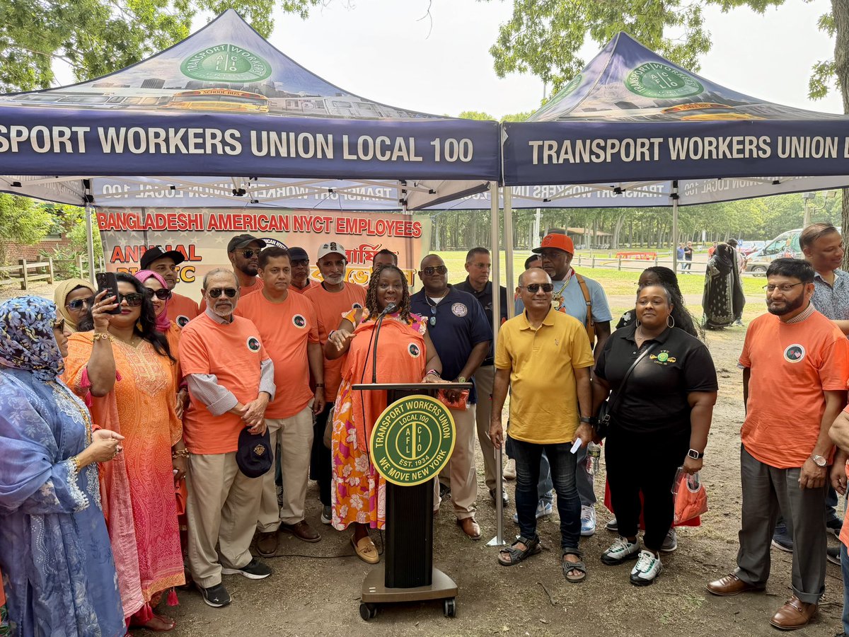 TWULocal100's tweet photo. Today in East Islip, Long Island, President John V. Chiarello joined the annual Bangladeshi American picnic for employees of New York City Transit, along with Stations VP Robert Kelley and Stations Division Chair Nicolette Browne.

In addition to food, fun and solidarity, there was an important message—President Chiarello addressed the ongoing contract negotiations, saying he would not settle for 2% raises and terms that diminished our healthcare and job security.

The fight continues!

#WeMoveNY #UnionSolidarity #UnionStrong @transportworker
