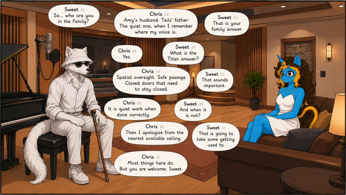 foxfamilyafairs's tweet photo. Chris: Hospitality is easier when the room understands boundaries. 

#TheFamily #SweetMeetsTheFamily #Webcomic #OCComic #Furry #Anthro #Chris #SweetDTrail #Worldbuilding #ScienceFantasy #FoundFamily #AIArt https://t.co/zQQ5wztvI0