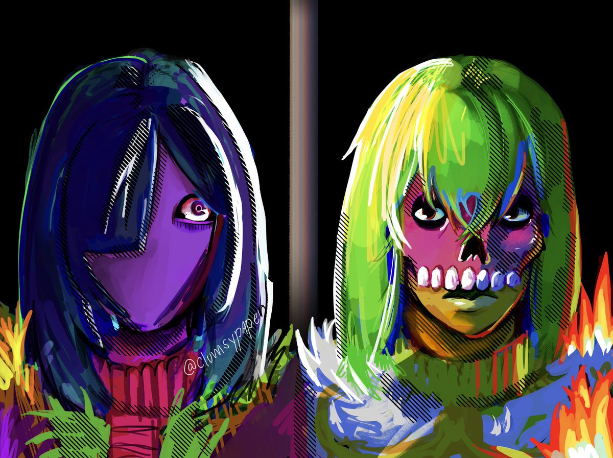 clumsypaper's tweet photo. i’m actually getting obsessed with 
Grasp (GreenPinkSkull) and Rupture’s (PurpleOneEye)AU and got more character names
(yes it’s edgy) ((i will attempt to draw characters))

#oc #ocs #art #artidea #writing #story #artist #dtiys #digitalart #fyp https://t.co/WADRHDqvd9