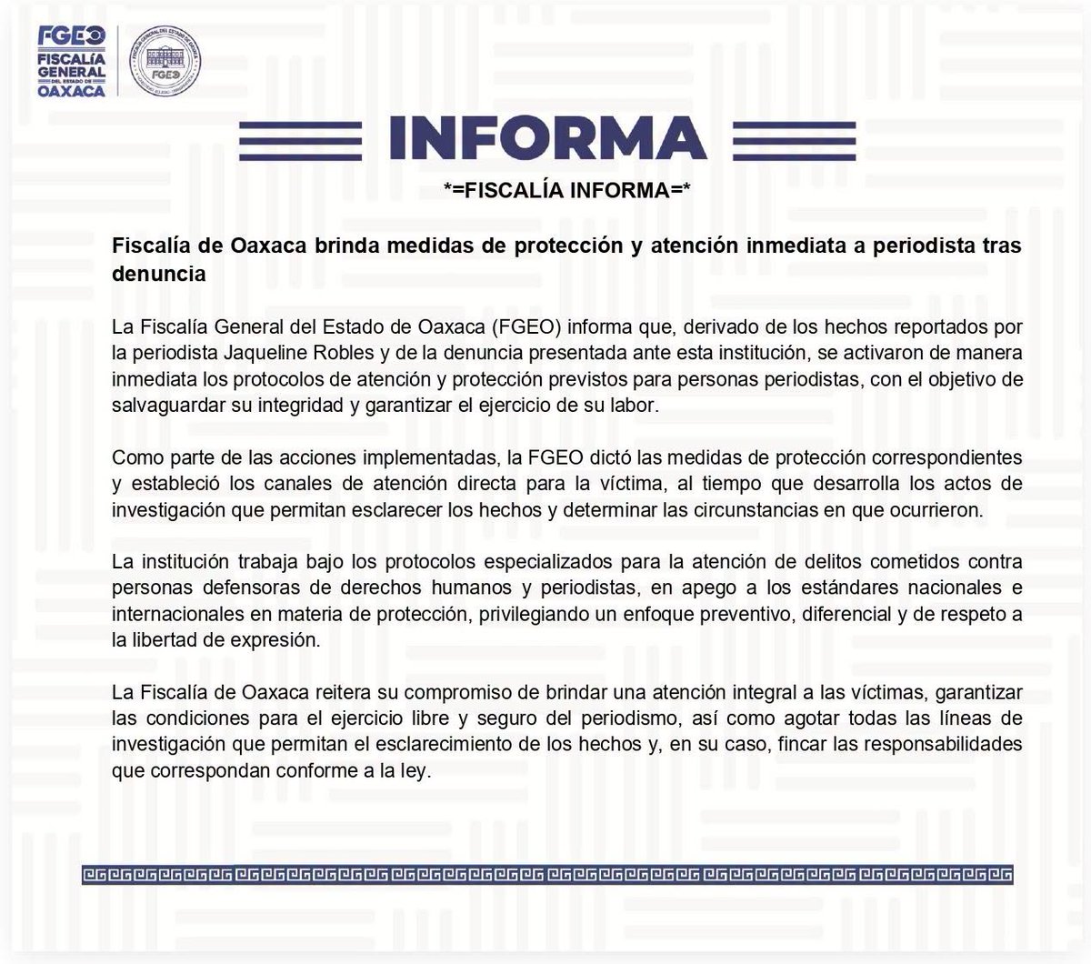 Assetreclaim's tweet photo. #AlertaDeCensura HOY OTRO CASO DE AMENAZA PARA LA PERIODISTA JAQUELINE ROBLES 

El periodismo en #Oaxaca está viviendo y clima de verdadera incertidumbre y amenazas  abiertas:

El 22 de julio, asesinan a Alejandro Leyva  y,  ese mismo día amenazan de muerte a Pedro Matías Arrazola, Corresponsal de Proceso.

Hoy, es la periodista Jaqueline Robles, que fue acosada por una mujer y un hombre abordo de un carro compacto  sin placas, fotografiando su domicilio.

Es urgente que la presidenta  @Claudiashein  tome con la seriedad  lo que está pasando en #Oaxaca y que se agudiza en todo el país: el asesinato sistemático de periodistas y defensores de derechos humanos y de territorios.

Cada nota informativa que señala las complicidades oficiales  con el crimen organizado y  corrupción, cada denuncia de vulneración de los derechos de la sociedad por el Gobierno actual, y cada señalamiento del saqueo de los recursos naturales y rutas clandestinas de producción de  drogas y tráfico de personas por el narcotráfico con la protección gubernamental, ponen en riesgo la vida de quienes lucha por la verdad, la justicia y democracia de #México.

Las y los mexicanos cada vez estamos sometidos a los pasos progresivos de una dictadura, y quienes nos atrevemos a  develar la verdad, estamos condenados a ser silenciados y silenciadas.

lO QUE ALIENTA A LAS Y LOS PERIODISTA, ES TENER LA ESPERANZA QUE QUIENES NOS LEEN, NO ESCUCHAN Y VEN, SEAN PORTADORES DE NUESTRA ESPERANZA PARA LUCHAR SIN MIEDO CONTRA LOS ABUSOS DEL PODER.

Abrazos solidario para Jaky Robles y @PedroMatias8 
@ONUDHmexico @UNHumanRights @RSF_inter @article19mxca @RELE_CIDH