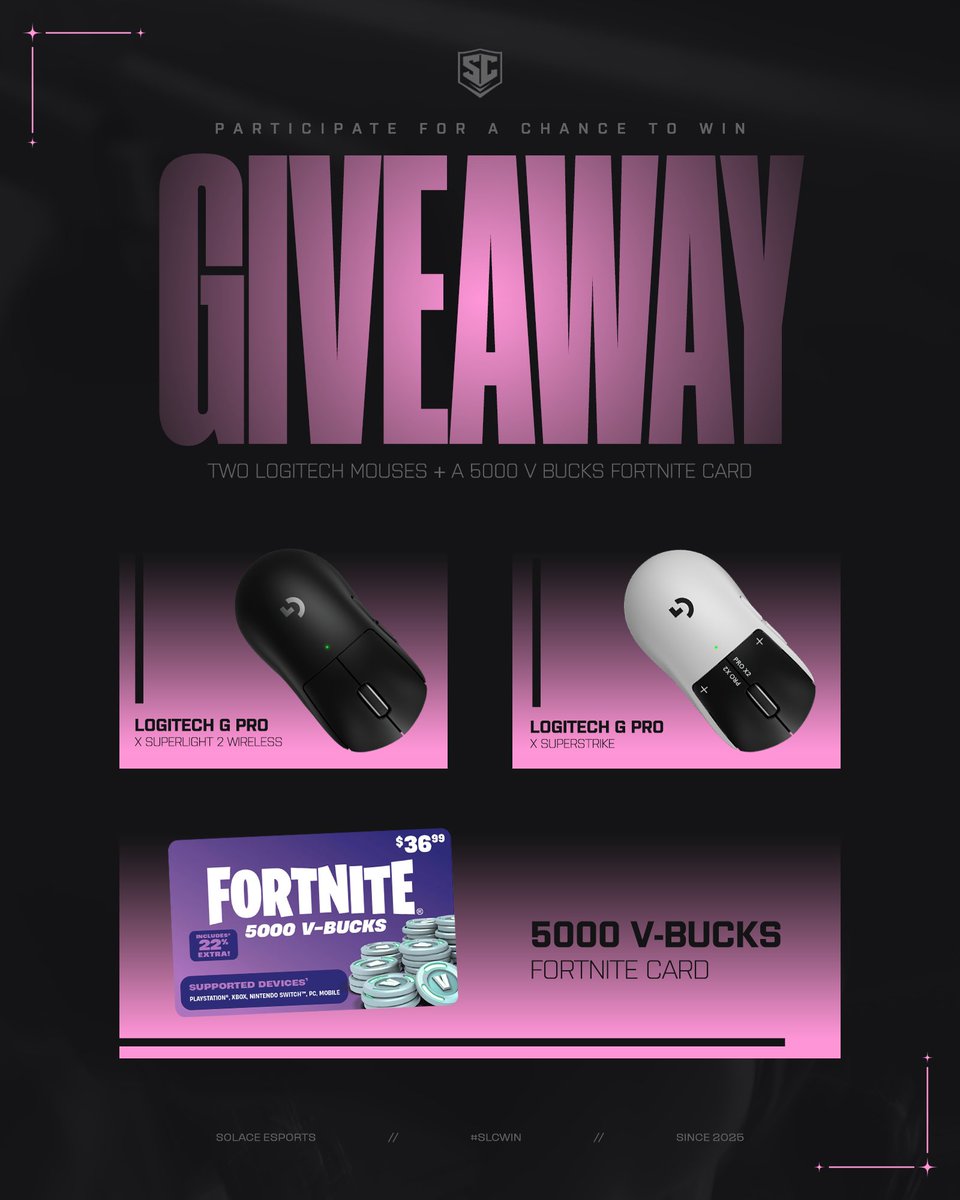 SLCWin's tweet photo. SOLACE Giveaway ! 

We’re giving back to the community with the following. 

1x Logitech G PRO X Superlight 2 Wireless
1x Logitech G Pro X2 SuperStrike
3x 5000 vbucks card

3 prizes , 1 winner. 

TO ENTER 🎉

Follow @SLCWin 
Tag two friends
Like & Repost 

Winner drawn in 72 hours