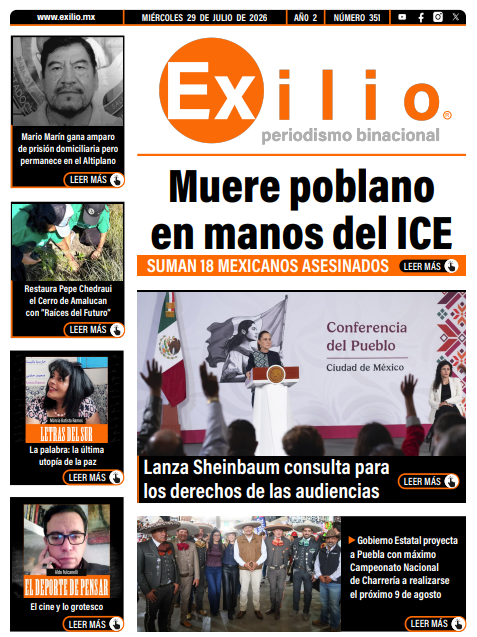 MxExilio's tweet photo. ¡Buenos días!  Te invitamos a leer,  nuestra #Portada interactiva del #Miércoles 29 de julio.

💢Muere poblano en manos del #ICE.  (@GobiernoMX)
🗣️ Lanza @Claudiashein  consulta para los derechos de las audiencia
🐴@Gob_Puebla  proyecta a Puebla con el máximo Campeonato Nacional de Charrería, a realizarse el próximo 9 de agosto
⚖️ Mario Marín gana amparo de prisión domiciliaria, pero permanece en el Altiplano
🌳 Restaura  @pepechedrauimx  el Cerro de Amalucan con "Raíces del Futuro"
✍️#Columnistas | @BaraMarcia escribe 👉  La palabra: la última utopía de la paz
✍️ #Columnistas | @AldoFulcanelli escribe 👉 El cine y lo grotesco

Descarga la portada 👉 https://t.co/NbXanURsk3