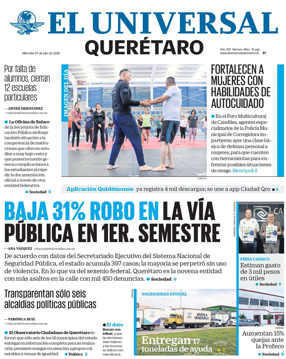universalqro's tweet photo. #Miércoles 📰☕#EnPortada:

✅ Baja 31% robo en la vía pública en el 1er semestre.
✅ Por falta de alumnos, cierran 12 escuelas particulares en Querétaro.
✅ Policías de Corregidora impartieron una clase de defensa personal a mujeres.

https://t.co/sVgzzGR9cc https://t.co/mceJ5JUQmy