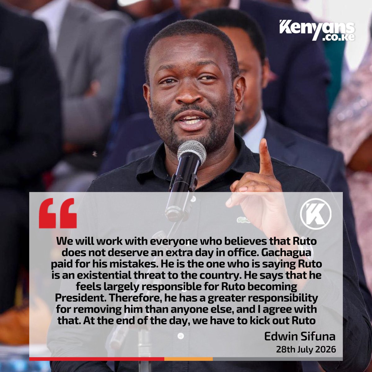 Kenyans's tweet photo. We will work with everyone who believes that Ruto does not deserve an extra day in office and Gachagua paid for his mistakes - Senator Sifuna https://t.co/PIuhKqfIoP