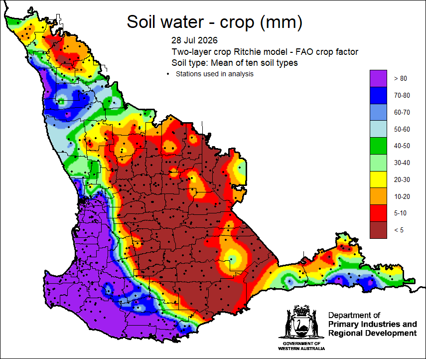MeredithGuthr15's tweet photo. Latest @DPIRDbroadacre soil water map and Bureau soil water map for 28 July. Getting dry out there, next cold front is forecast for Tuesday 4 August, with rain pushing into the Great Southern. Thanks to @Windycom and @BOM_au. 🤞#climate https://t.co/iQUHcmaVUA