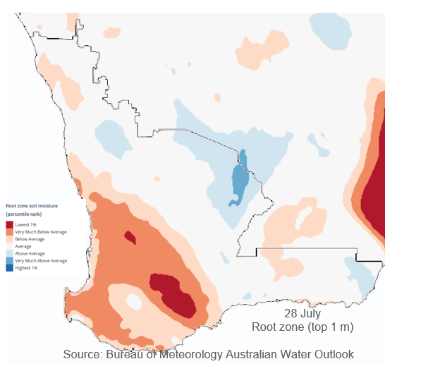 MeredithGuthr15's tweet photo. Latest @DPIRDbroadacre soil water map and Bureau soil water map for 28 July. Getting dry out there, next cold front is forecast for Tuesday 4 August, with rain pushing into the Great Southern. Thanks to @Windycom and @BOM_au. 🤞#climate https://t.co/iQUHcmaVUA