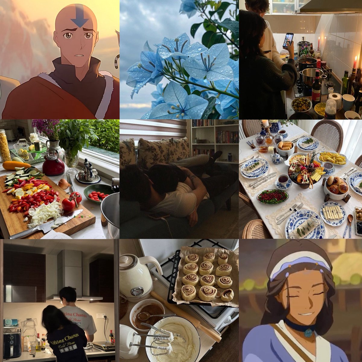 YUURINANCY's tweet photo. Day 2 #KataangWeek2026: Domestic life moodboard
 
Just katara and aang doing everyday things like cooking and sleeping https://t.co/7HicqaOxoR