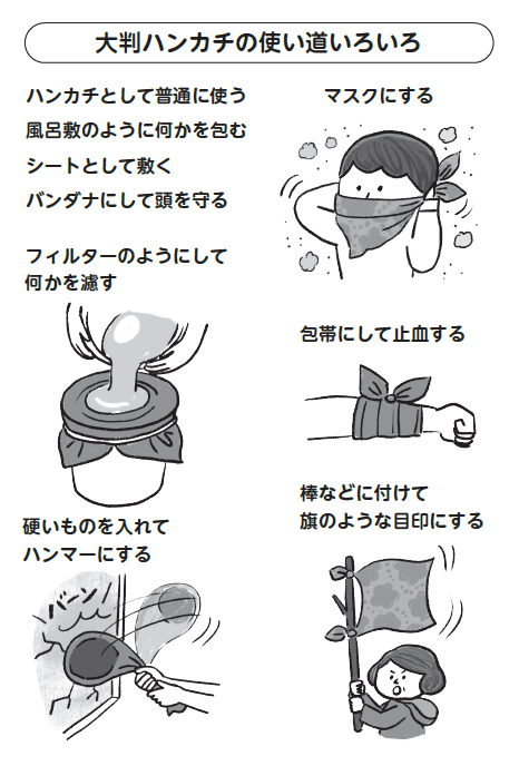 AscomBooks's tweet photo. 【防災のためにできること】
身近にある「大判ハンカチ」は、地震の際にもさまざまな用途に活用できます。

・マスク代わりにする
・包帯にして止血する
・バンダナにして頭を守る
・風呂敷のように物を包む
・シートとして地面に敷く
・フィルターのようにして何かを濾す
・硬い物を包み、ハンマー代わりにする
・棒に結び、自分の居場所を知らせる目印にする

いざというときに活用できるよう、持ち出しやすい場所に用意しておくと安心です。

『防災のプロが自分でやっている防災法を１冊にまとめてみた』から引用・再編集