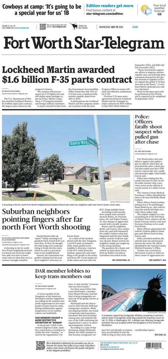 ukpapers's tweet photo. ▫ Suburban neighbours pointing fingers after far north Fort Worth shooting

▫@RachelGRoyster &amp; Mary Ella Hastings
▫https://t.co/EVqcnAN4vB

@startelegram #frontpagestoday #USA 🇺🇸 https://t.co/ljpmNnvbPa