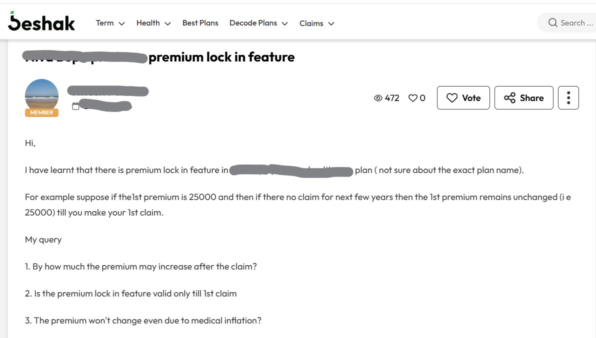 BeshakIN's tweet photo. Health Insurance plans that freeze premium hikes.

How does it work?

Could someone paying Rs 25K at 30 continue paying Rs 25K even at 40 or 50, provided they do not claim?

We got this question in our forum.
Here’s the answer 👇 https://t.co/61wVscx5Jy